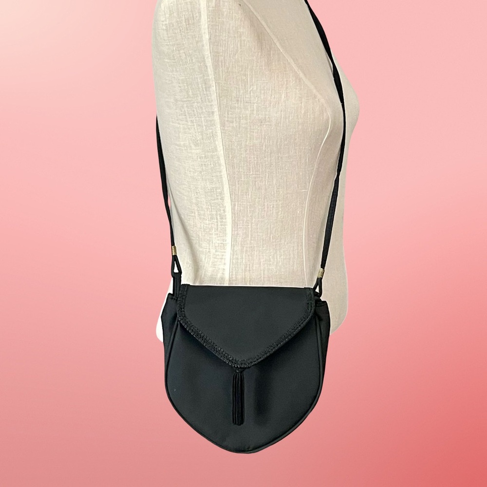 Black Satin Evening Crossbody Clutch with Tassel Accent Fold over Snap Closure